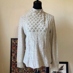 Lambswool Oatmeal Cream Knit Sweater Medium Henley Button Collar Peplum Women